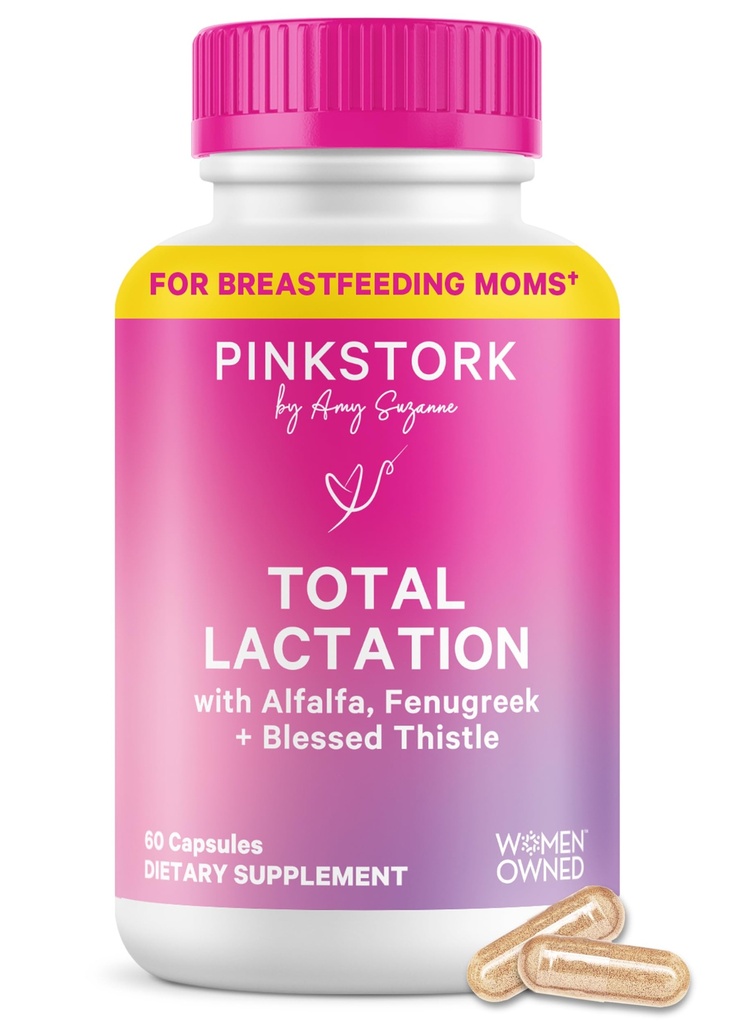 Pink Stork 母乳供应、有机Fenugreek和Alfalfa的哺乳总补充,以支持母乳喂养、牛奶流动和生产、产后必需品 -- -- 60个乳头