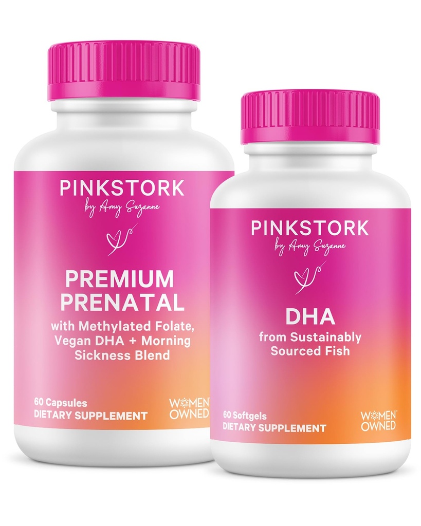 Pink Stork Premium 产前杜奥:产前维生素+DHA,妇女产前避孕药,Omega 3 + 鱼油,产前维生素加DHA和叶酸,女性拥有
