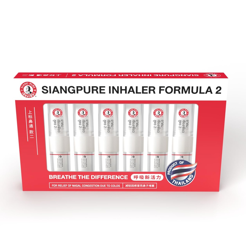 Siang Pure Aromathery Nasal Inhaller - 冷却门托、辣椒薄荷和Eucalyptus Oil - 过敏、摄入和辛纳斯救济(6包)