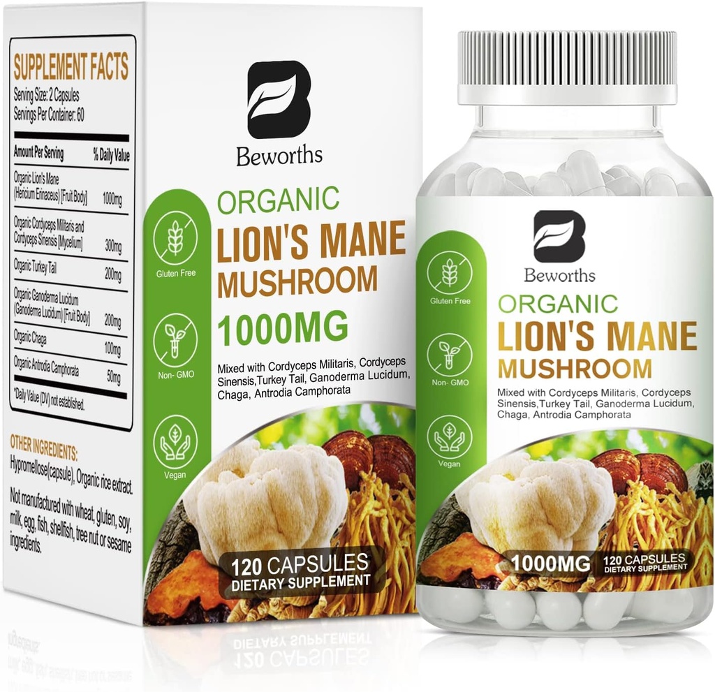 狮子的马恩蘑菇 - 120 Capsules 有机狮子马恩 土耳其 Tail蘑菇 Supplement Complex → Cordyceps, Chaga, Turkish Tail, Reishi → 精神清晰,焦点记忆,脑和免疫靴