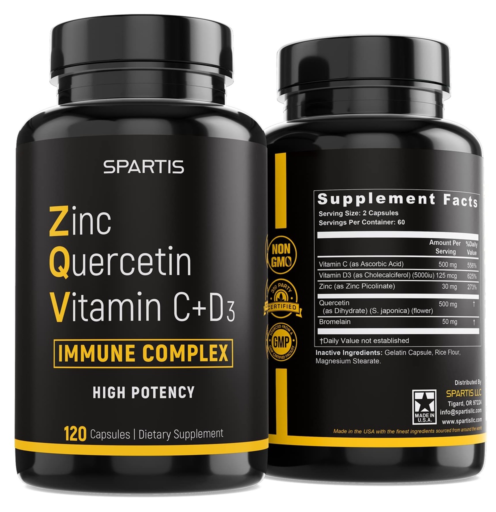 含维生素C 维生素D3 Bromelain Imune 支持高概率 Quercetin Zinc 补充 ZQV 由 SPARTIS 制作(装有 1瓶120卡普)