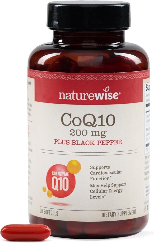 NatureWise CoQ10 200mg + Black Pepper Softgels - 高吸收性Coenzyme Q10 + Black Pepper - 心脏健康抗氧化剂 + 细胞能 - Vegan, Non-GMO, Gluten-Free - 90 Counter [90日供应] (中文(简体) ).