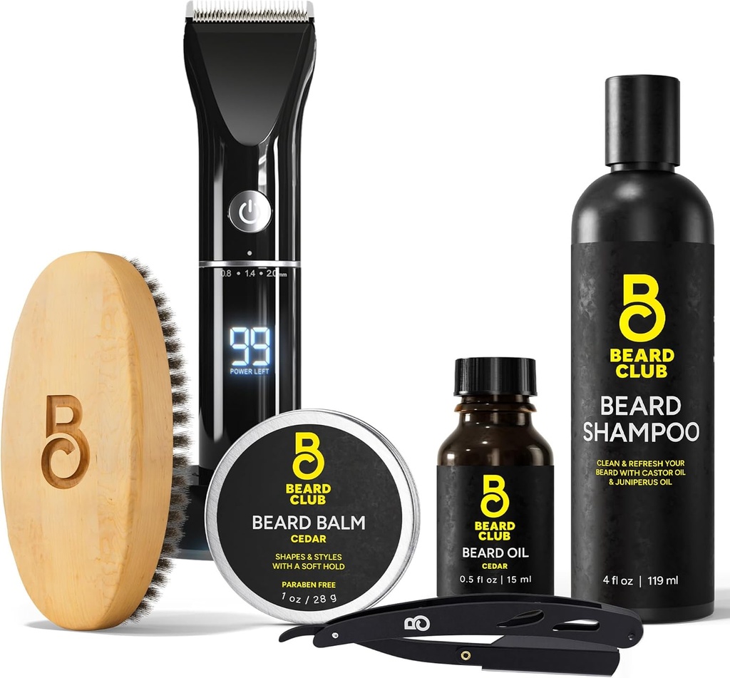 胡子俱乐部Grooming Bundle:男子和护理套(Trimmer for Men & Care Kit) - 包括无线电线Trimmer,直边Razor,Shampoo,Cedar Balm & Oil,Brush - 8 Guides,45长