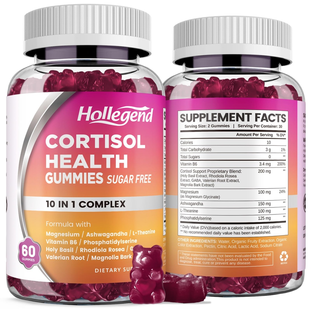 科尔蒂索尔女性补充剂 Cortisol Gummys 配有 Ashwagandha, Magnesium, L-Theanine, Phosphatidylserine, B6 科尔蒂索尔解毒剂 放松,睡眠,焦点,无糖, Vegan, 120