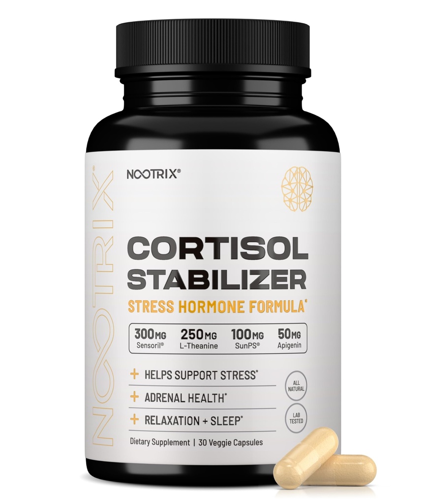 Nootrix Cortisol 管理器和稳定剂补充 支持深眠、放松、肾上腺健康和压力 + 300 mg Ashwagandha → L- Theanine、Rhodiola Rosea extract & Apigenin + 30 Capsules