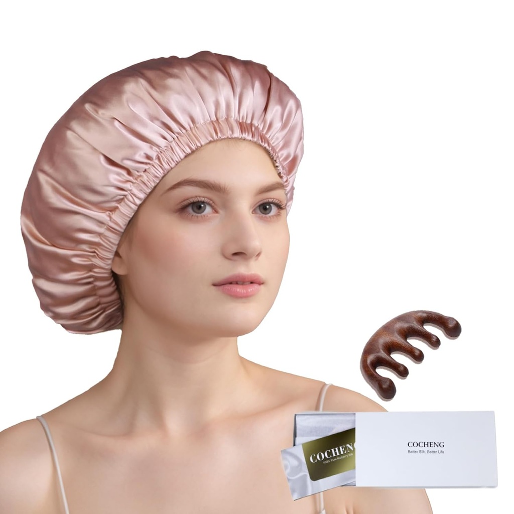 100% Mulberry Silk Bonnet 为睡眠女性提供长发 - 双层睡眠盖 - Silk Sleep Bonnet 与 Elastic Stay on Head (Pink, 大)