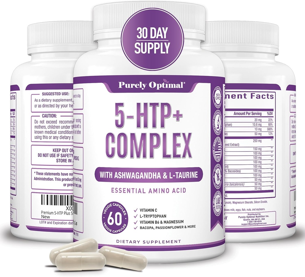 Premium 5-HTP Plus 补充 250mg 最大强度 - 睡眠援助,Mood Boost,促进冷静和放松,压力管理支持 - 用维生素B6,Gluten Free,Non-GMO,60 Veggie Caps增强