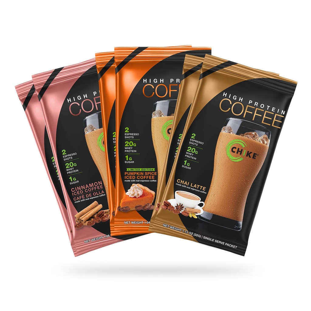 Chike秋天香料 高蛋白冰咖啡标本包,20 G蛋白,2 Shots Espresso,1 G糖,Keto Friendly和Gluten Free,6 单服务包
