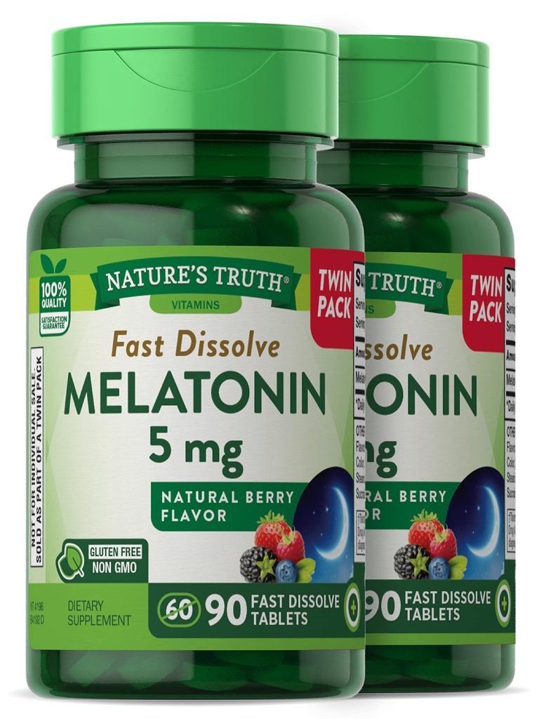 Nature's Truth Melatonin 5 mg → 180 快速溶解片(2X 90双包) → Natural Berry Flavor → 蔬菜, Non-GMO, Gluten Free Supplement