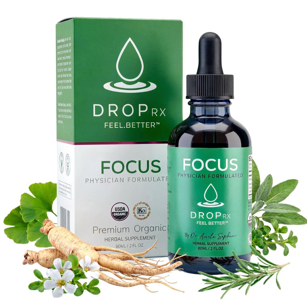 DropRx Focus由Nicole Saphier博士主演 – Ginkgo Biloba & Ginseng, Bacopa, Rosemary & Sage for memory 改善记忆和大脑聚焦 – 有机,非GMO, Vegan, Gluten-Free, Kosher, Made in USA (2 Fl Oz)