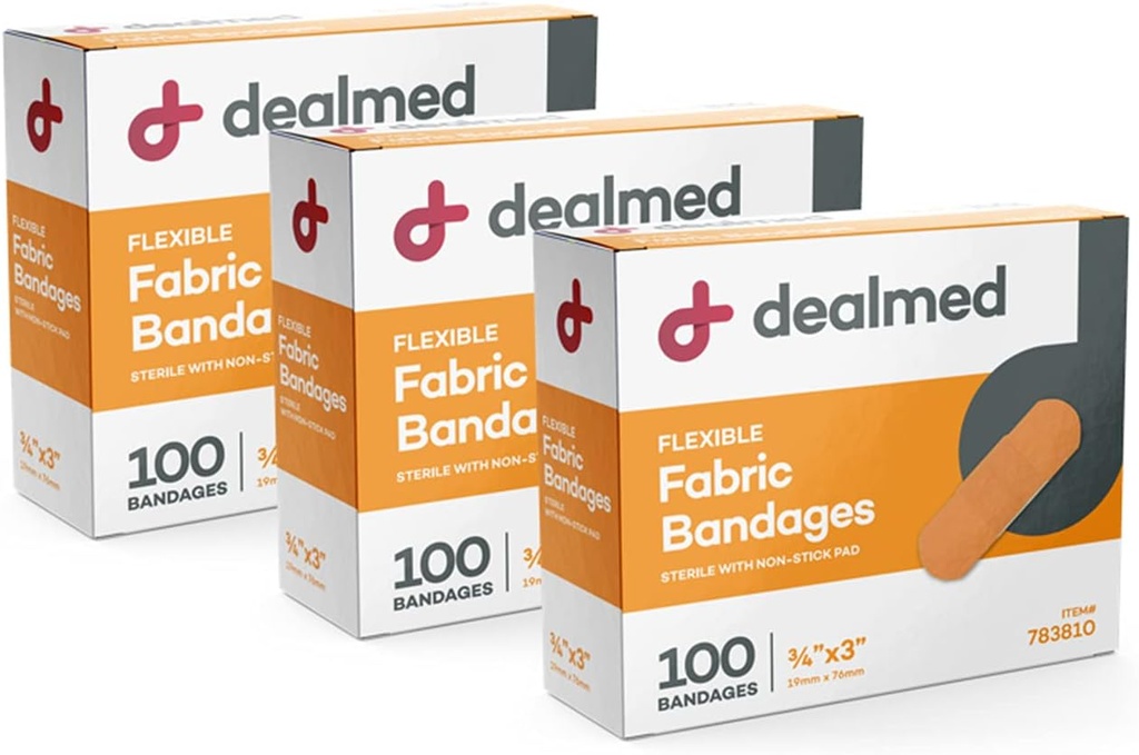 发售的 Fabric 弹性粘贴带 – 100 count (3 Pack) 捆绑带 与非Stick Pad,Latex Free,伤者护理急救箱,3"×3/4"