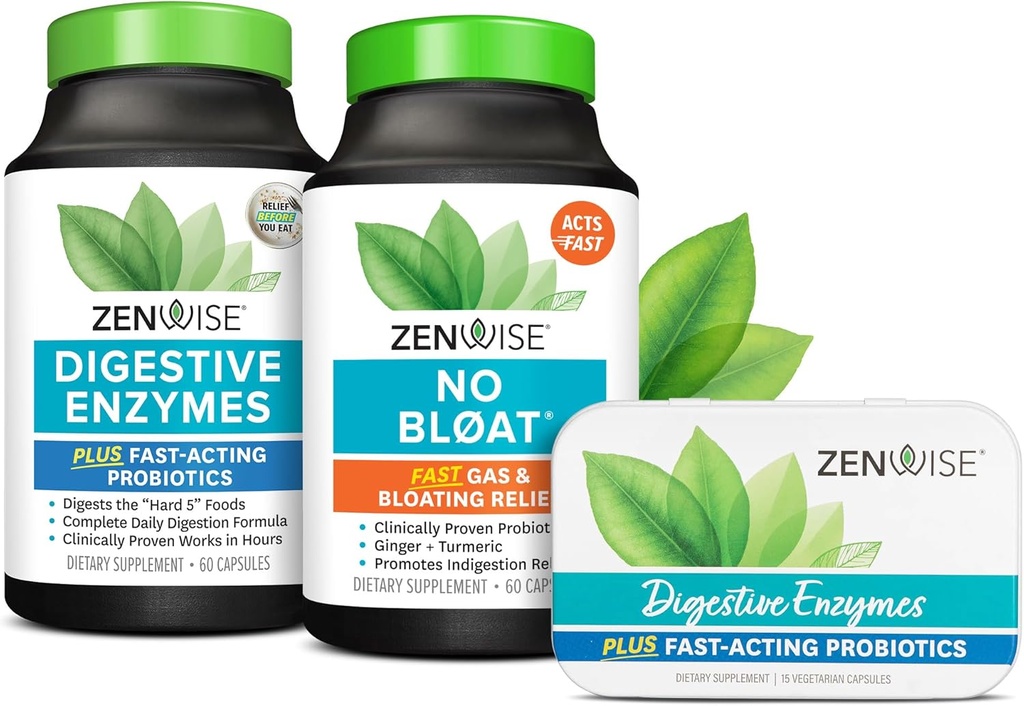 Zenwise Health Bliss Bundle 消化酶 + No Bloat + Free Travel Tin - 食前和食后消化酶和消化酶的辅生素