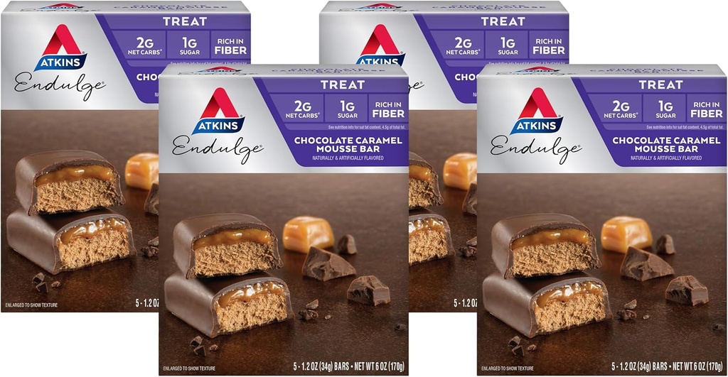 Atkins Endulge 巧克力焦糖Mousse Bar, 甜品最爱, 1g 糖, 高在纤维, 5 Counter (Pack of 4)