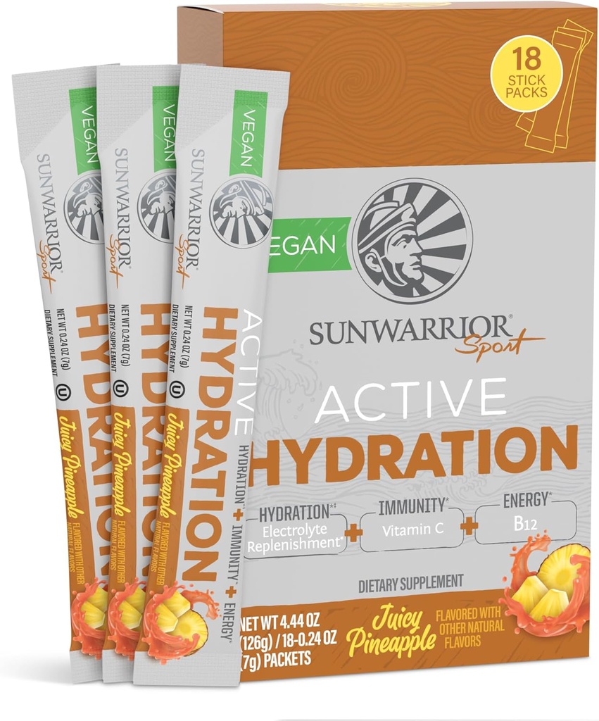 Sunwarrior 水力粉末 电解质 Packets 粉末 B12 长老莓 |汁菠萝 火焰 18 棒包装 126g Pouch | Vegan 和植物制糖 无糖