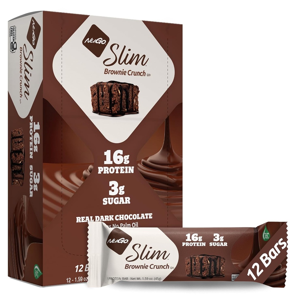 NuGo Slim 暗巧克力 Brownie Crunch, 16g 蛋白质酒吧, Gluten Free, 非GMO, Kosher, Keto Friendly, 低卡布, 12 Counter