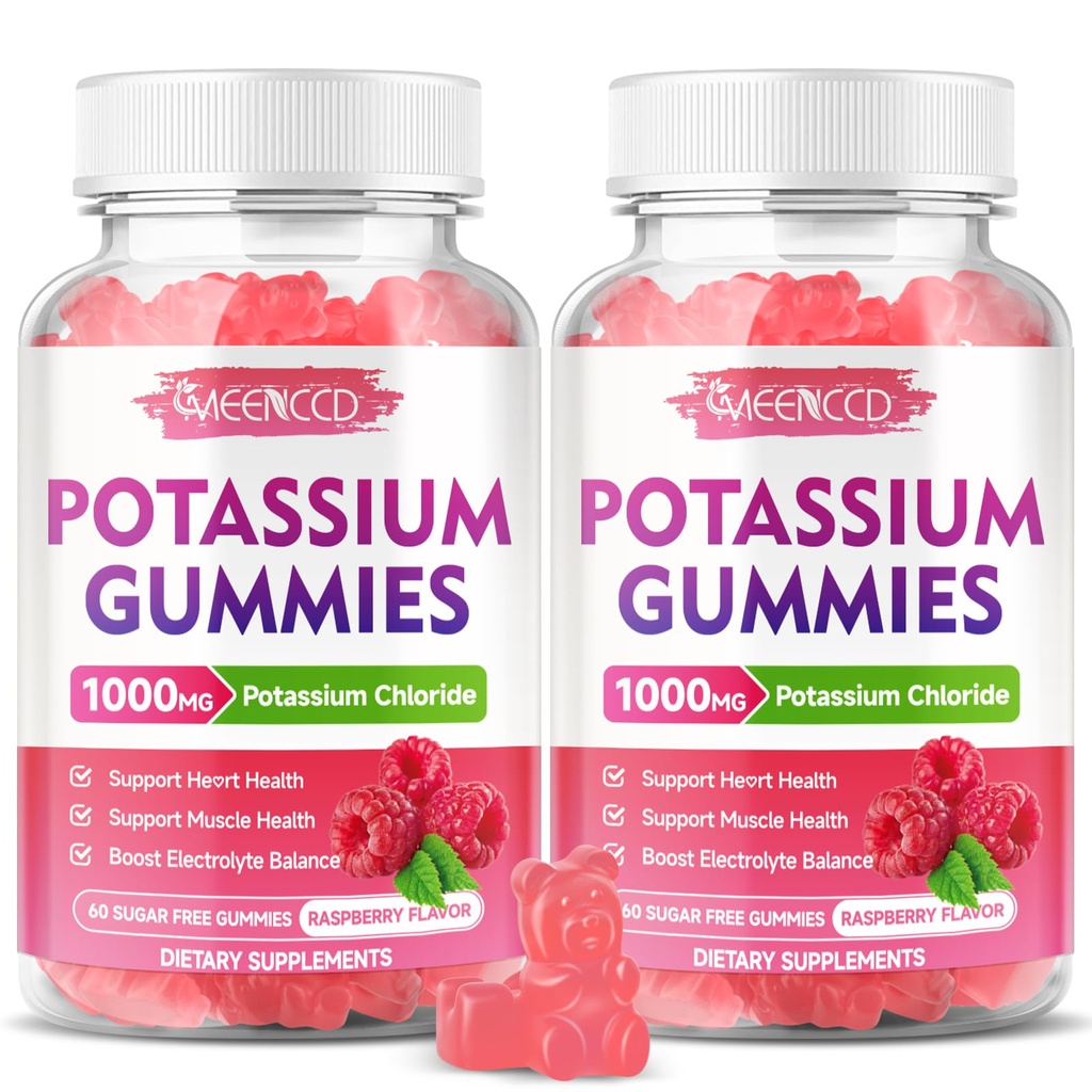 2 Pack Potassium Gummys, 成人用氯化钾1000mg, 无糖钾补充 Gummys 支持女性和男性用电解质平衡和腿板, Raspberry Flavor, 120 Count