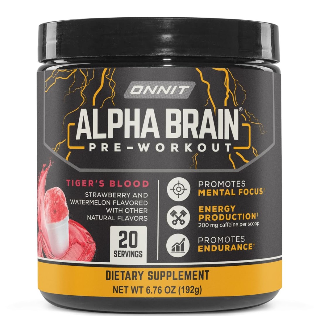 ONNIT Alpha Brain Pre-Workingout Powder,IGENTM 非GMO测试,虎血火焰,男女工作前补充,饮食补充,每塔20人,6.76 oz