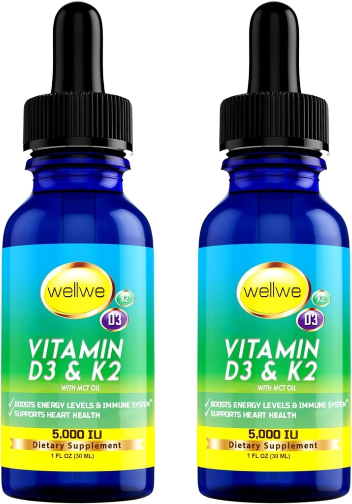 2瓶液体维生素D3 K2 与MCT Oil-Vegan液体维生素D补充剂合二为一,Abost Energy Levels, Mood and Immune System, Unflavored, No Odor, Gluten-Free, Non-GMO, 2 Fl Oz