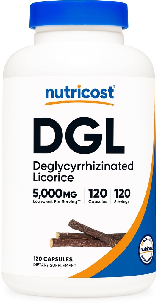 营养成本 DGL DGlycyrrhized Licorice 提取卡普尔(500mg 提取,等效于 5,000mg 立科尔斯,120 services) - 非转基因生物, Vegan
