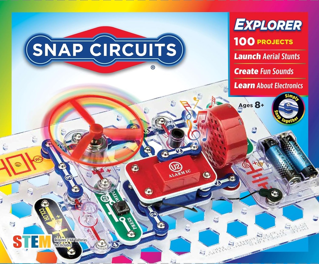 小Snap Circuits Jr. SC-100电子探测设备、100多个项目、全彩项目手册、28个部件、STEM儿童教育玩具8+