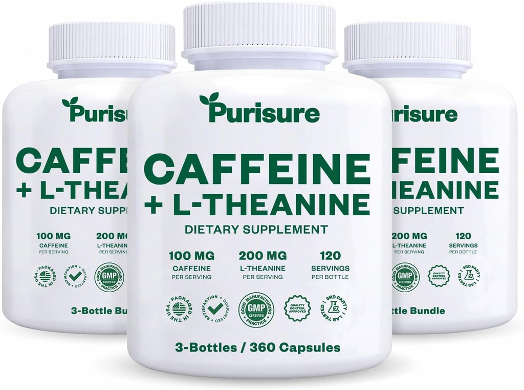 纯净咖啡因 Cafeine Theanine Capsules Pills 100mg Cafeine + 200mg L Theanine 预选工作能源,以及Fatigue的 Clarity Energy Pills, Nootropic Supplement, 120 Day Supplement, pack of 3