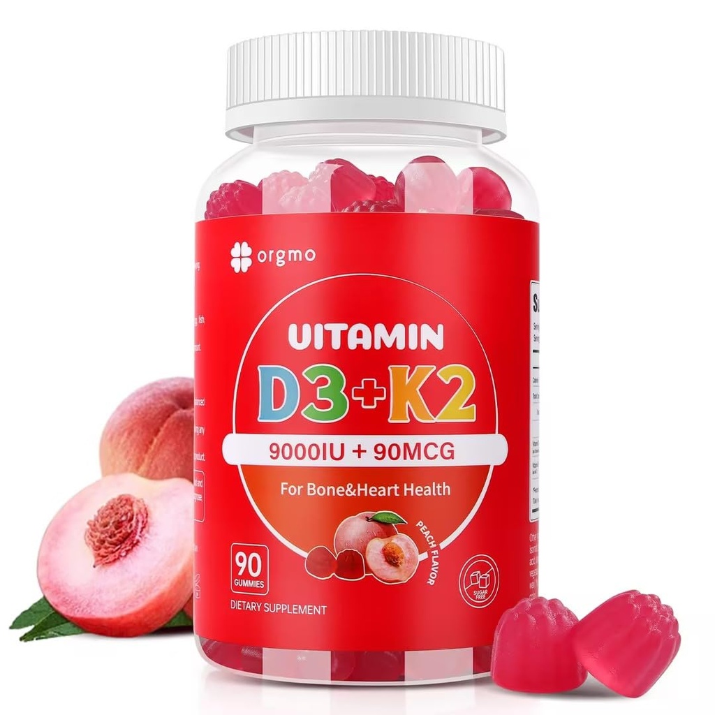维生素D3 K2 Gummys - 90 Count 无糖维生素D3 9000 IU + K2(MK-7) 90 mcg的骨和免疫健康,Vegan Chewable K2 D3 女性男性维生素补充剂(桃花香)