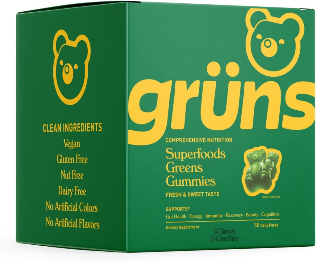 Gruns Super Greens Gummy Bears - 有机螺旋藻和氯麻黄,消化性健康预生,20+维生素和矿物 - 30枚切片 - 240枚古米