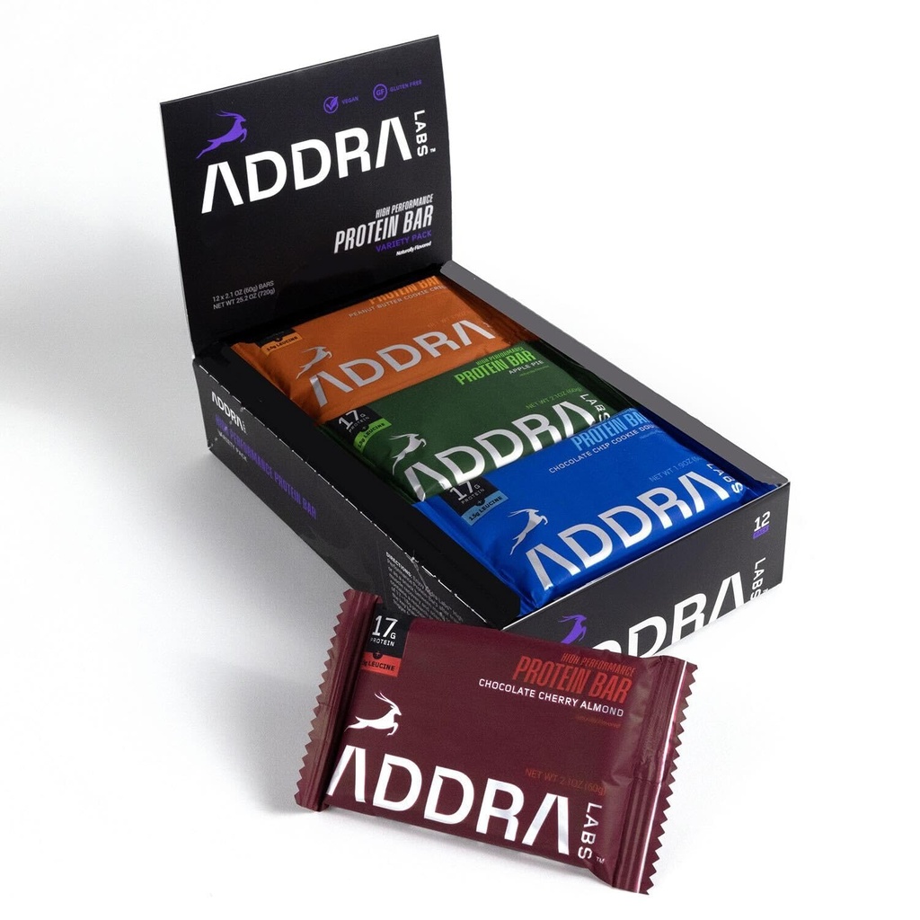 ADDRA 蛋白棒 - Gluten-Free, 高蛋白肌肉复苏棒给跑者,17g蛋白+1.5g BCAA Leucine, 低糖, Vegan, 植物基, & 奶油火焰, 混合案例 Variety包, 12 Pack