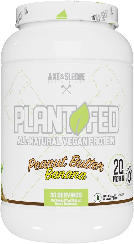 Axe & Sledge Plant Fed Vegan蛋白粉 20g 所有天然蛋白质,天然裂纹,甜化和有色 → 低卡布,零糖, 宏观友好 → Keto → 30 服务 花生酱香蕉