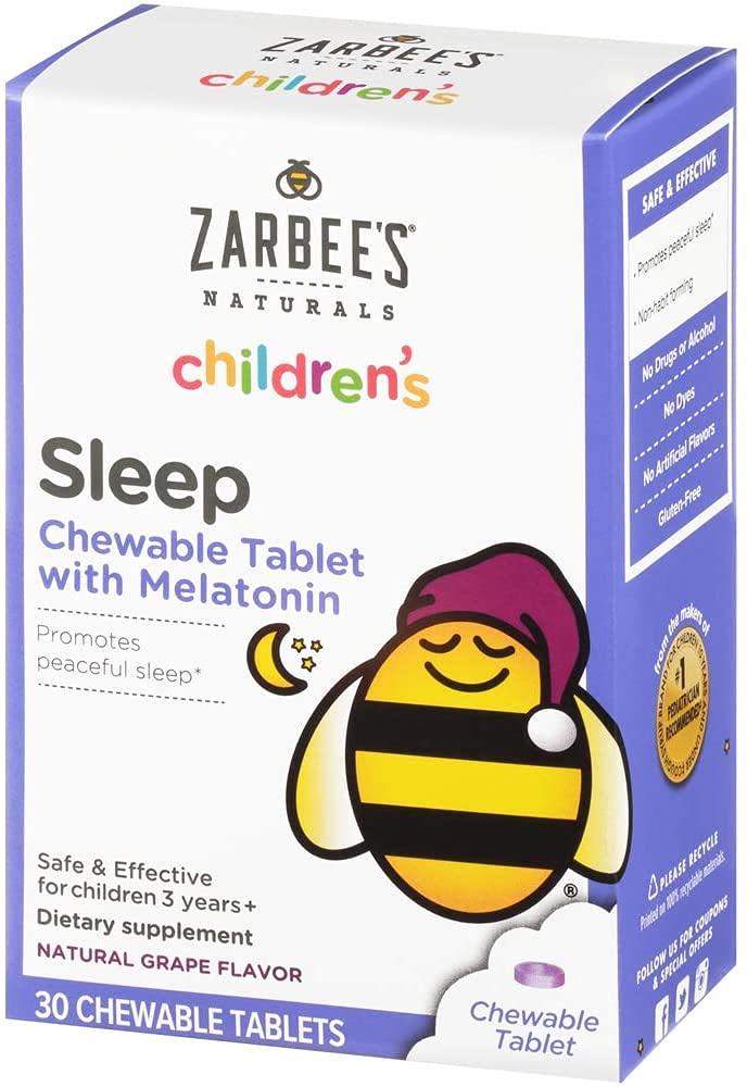 Zarbee's Kids 1 mg Melatonin Chewable Tablet, 无毒品有效睡眠补充, 为3岁和30岁以上的儿童容易服用天然葡萄燃烧片,