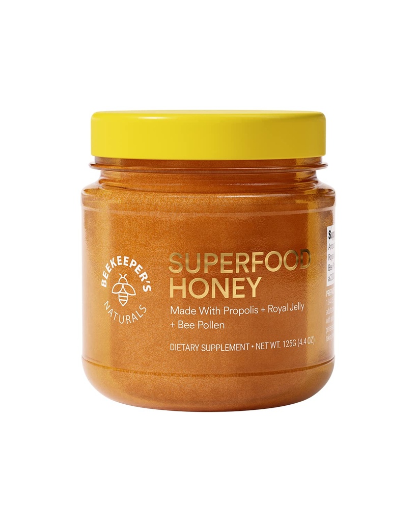 超级食品蜂蜜 由养蜂人自然(英语:Bee Pollen),皇家Jelly,Propolis, Honey(英语:Natural Energy),Immune Support(英语:Immune Support),精神明亮,运动性能(英语:4.4 oz)组成.