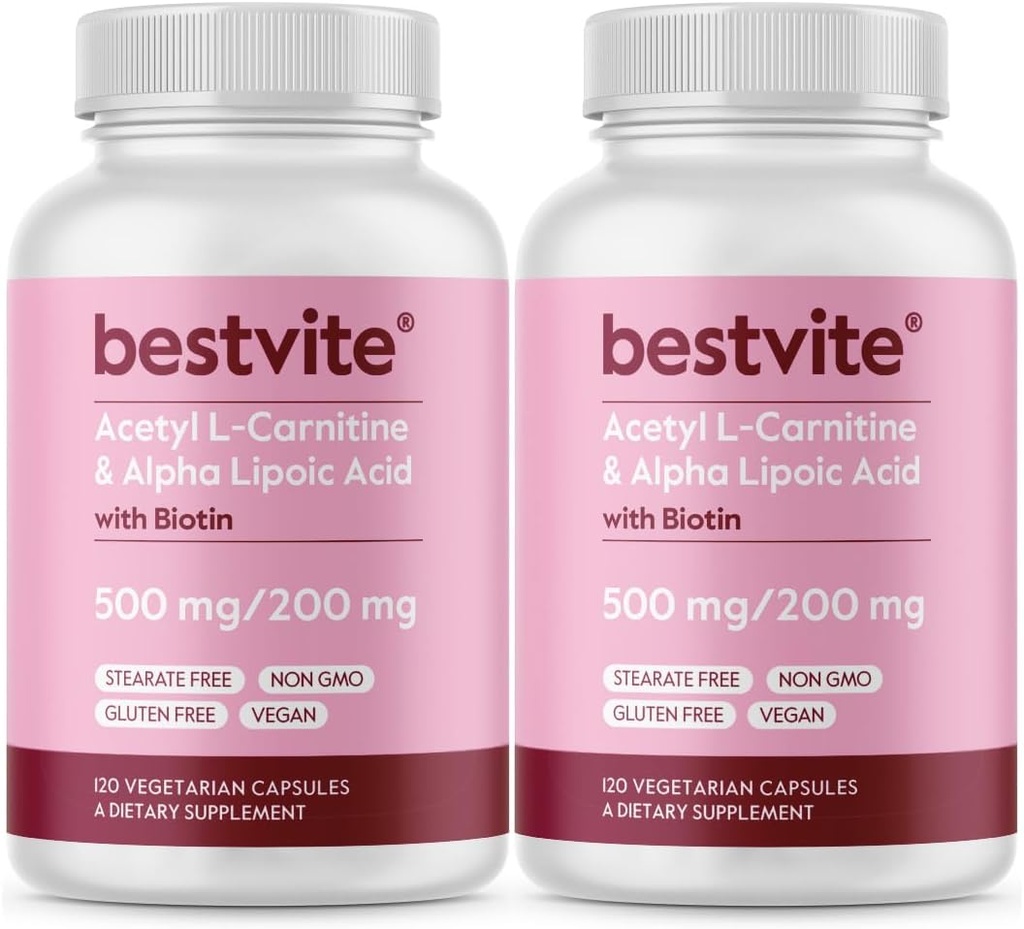 BESTVITE Acetyl L-Carnitine 500mg & Alpha Lipoic Acid 200mg / Capsule 与生物锡(240 植物素)(120 x 2) - 无锡 - Vegan - 非转基因生物 - Gluten Free