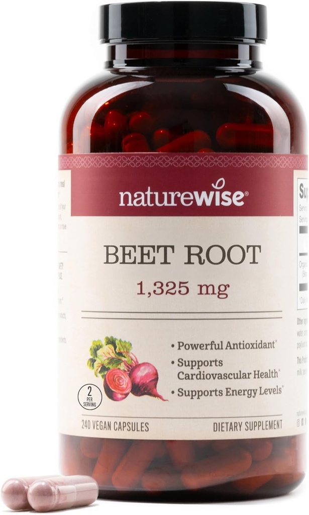 NatureWise Beet Root Capsules 1325mg 与有机比特罗(Beetroot)——Nitric Oxide促进流通和心脏健康支持-维冈,无Gluten,非GMO-240 Capsules[120日供应]