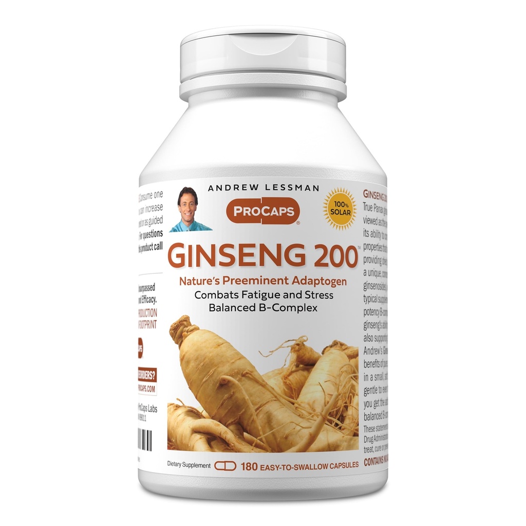 安德烈·勒斯曼·金森(英语:Andrew Lessman Ginseng 200mg - 180 Capsules - 标准化摘录以支持福祉. (原始内容存档于2018-05-29). Adapgen, Combats Fatigue and Express. 轻轻的,小的,容易吞的卡普尔。 无附加