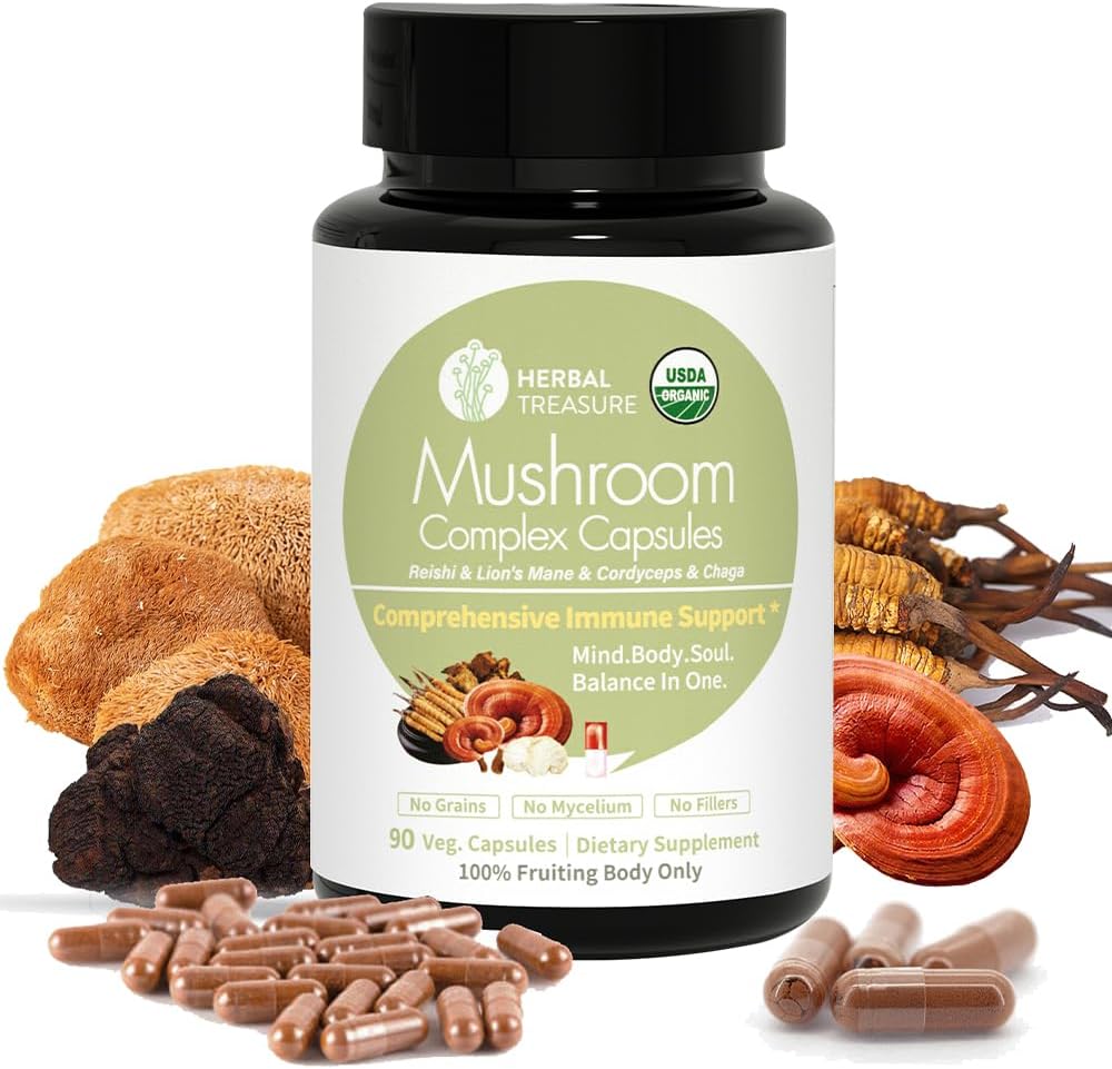 草药珍宝4 in 1 Mushroom Complex Supplement, 配有狮子马恩, 瑞希, 查加和 Cordyceps Mushroom Blend, 有机蘑菇 Supplement 90 Caps 的适配体