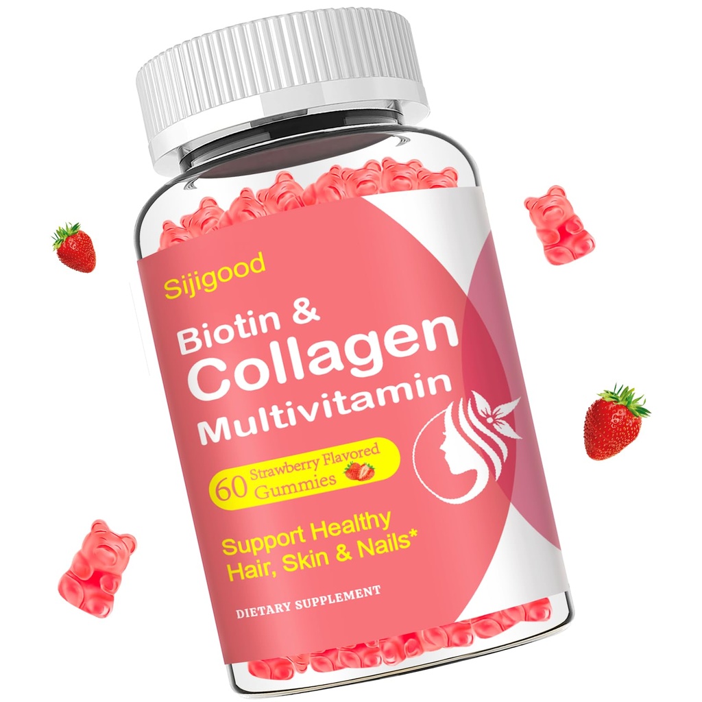 Collagen Gummys for Women Men, Women over 50, Collagen Peptides protein Protein 类型 I,II,III,V,X 配有 Biotin Keratin 维生素C A D E B12 K2 皮发直肠豁免能源 60 草莓火焰胶