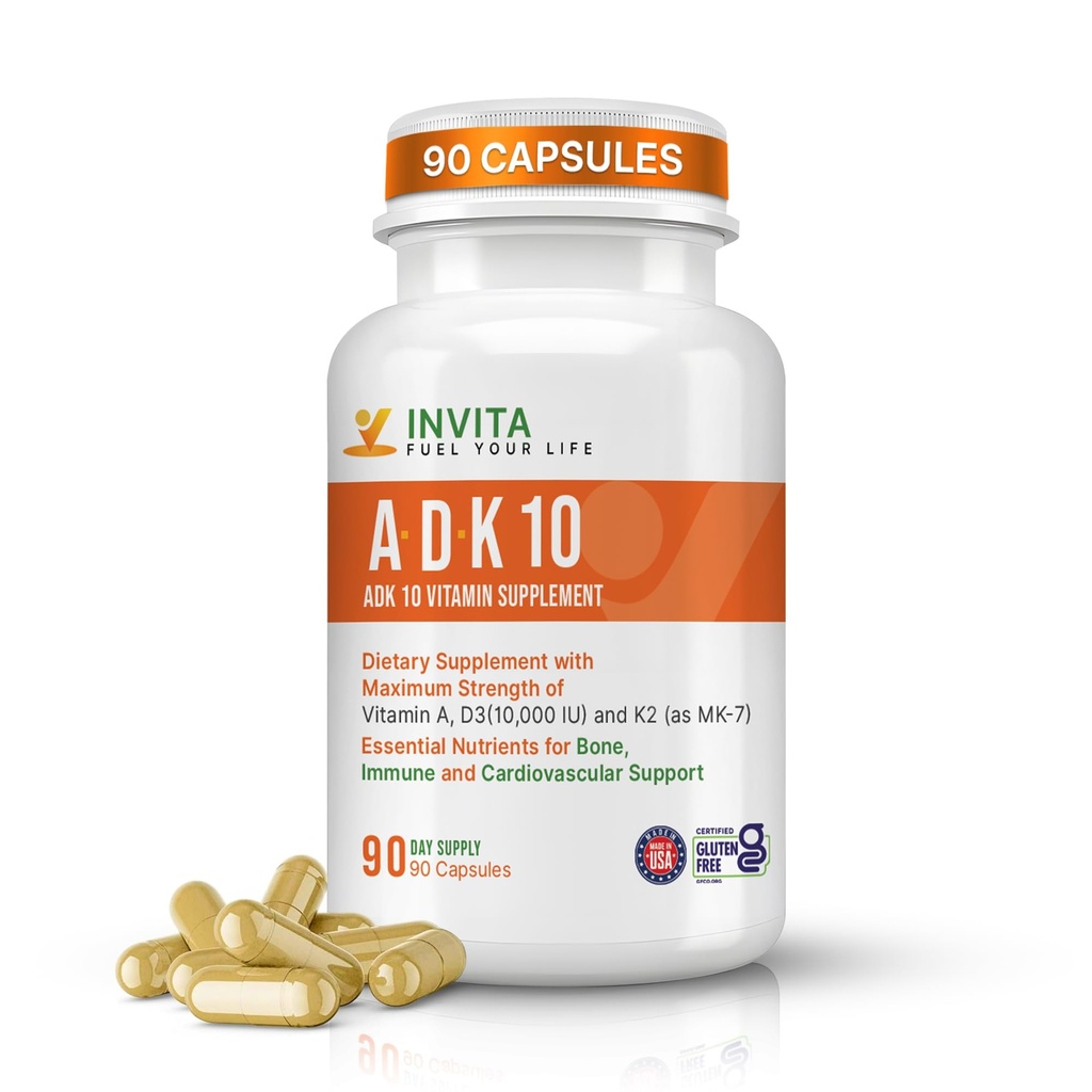 INVITA, ADK 维生素补充剂(10,000 IU) – ADK 10 双强维生素A1, D3 & K2-MK7 – 为骨骼,心脏和免疫支持制定的物理规范 – 非GMO, Gluten Free, 90 Capsules (3-Month Supplement)