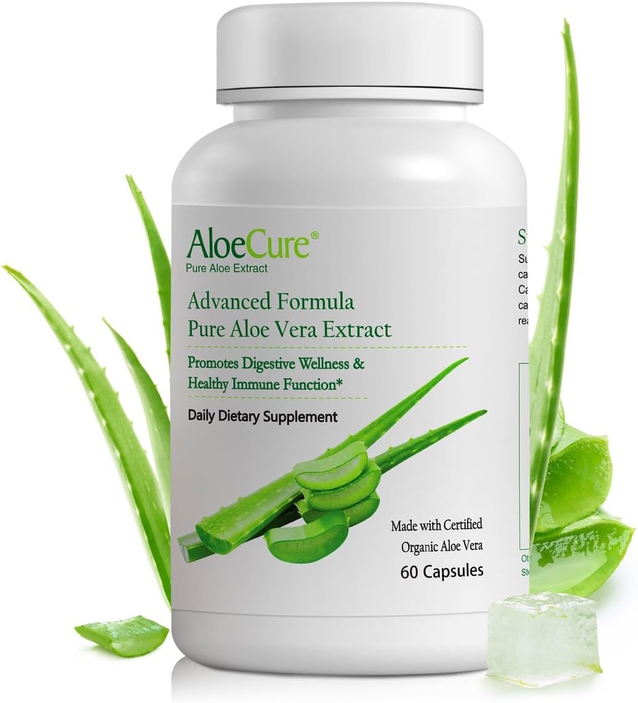 AloeCure Organization Aloe Vera Capsules, 13万mg inner Aloe Leaf Equivenant per service, 支持古特健康与消化舒适,胃酸缓冲,天然免疫补充, Aloin Free, 60 Capsules