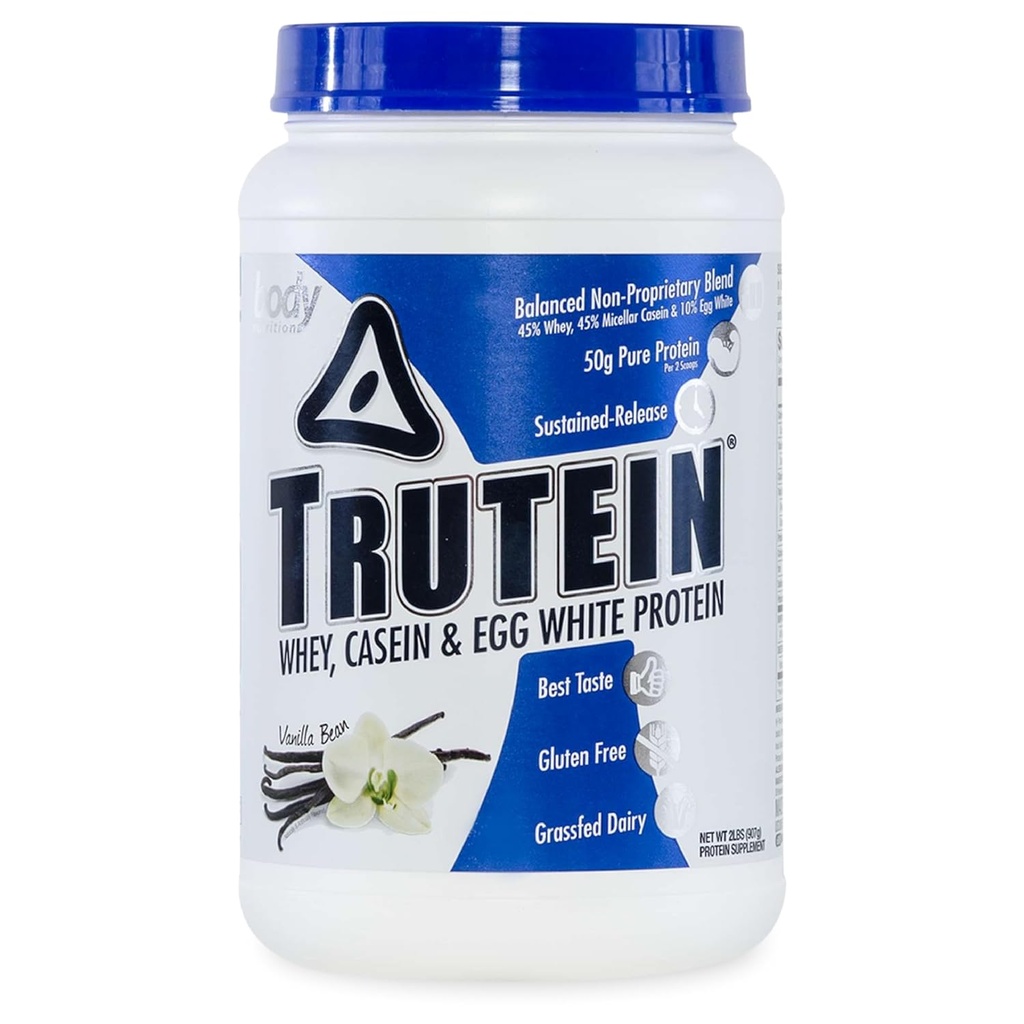 体营养 特鲁特因高蛋白粉:45% Whey,45% Casein,10% Egg White蛋白摇摆混合剂,无胶质,低钠,低碳蛋白补充剂 男与女,香草豆,2lb