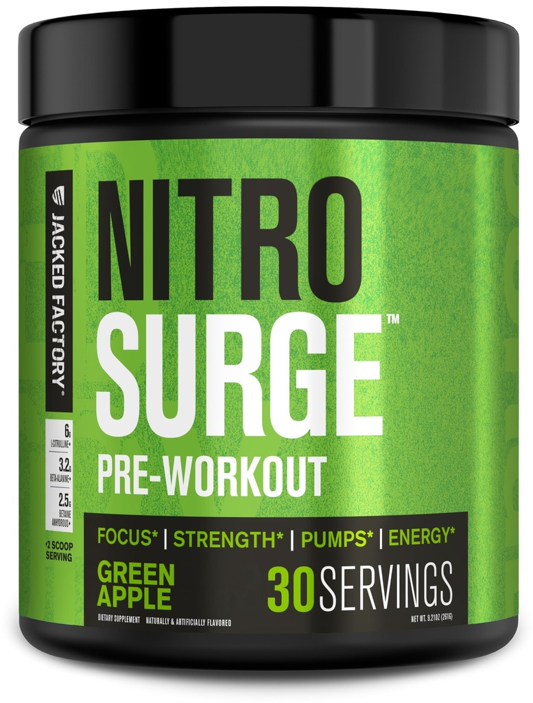 Jacked Factory NITROSURGE Pre Workingout Supplement - 无尽能源,即时强力增益,清晰焦点,强力泵 - NO Booster & Powerful Preworing Energy Powder - 30 services, Green Apple