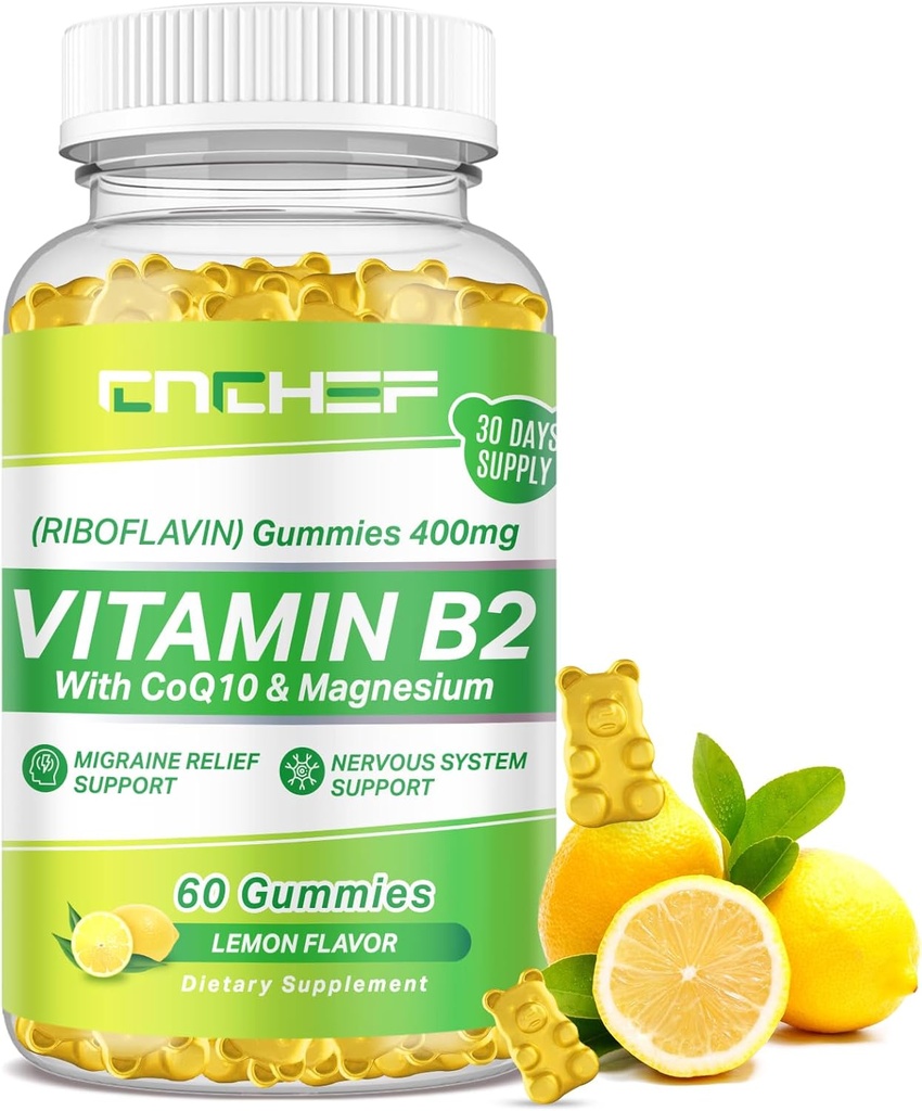 成人和孩子的维生素B2 Gummys - Riboflavin 400mg 配有镁Glycnate & CoQ10,支持Migraine Relief & Nervous System, Boost Energy, 糖无维根 B2 Gummys Lemon Flavor