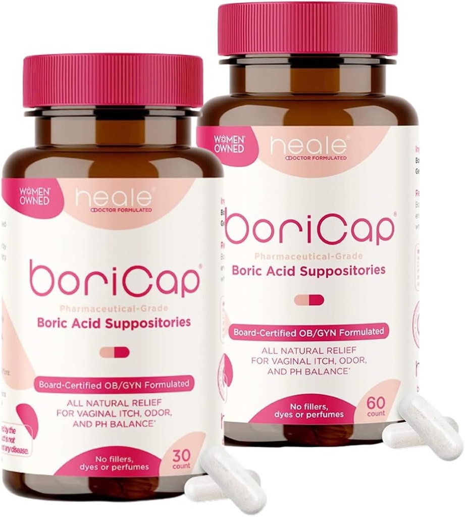 Boric Cap - 妇女的乏酸药方 - 600毫克 - 阴道健康与平衡、痒和呕吐 - 自然救济 - 女性护理 - 女性卫生产品 - 由Heale公司在美国制造 - 90 Capsules