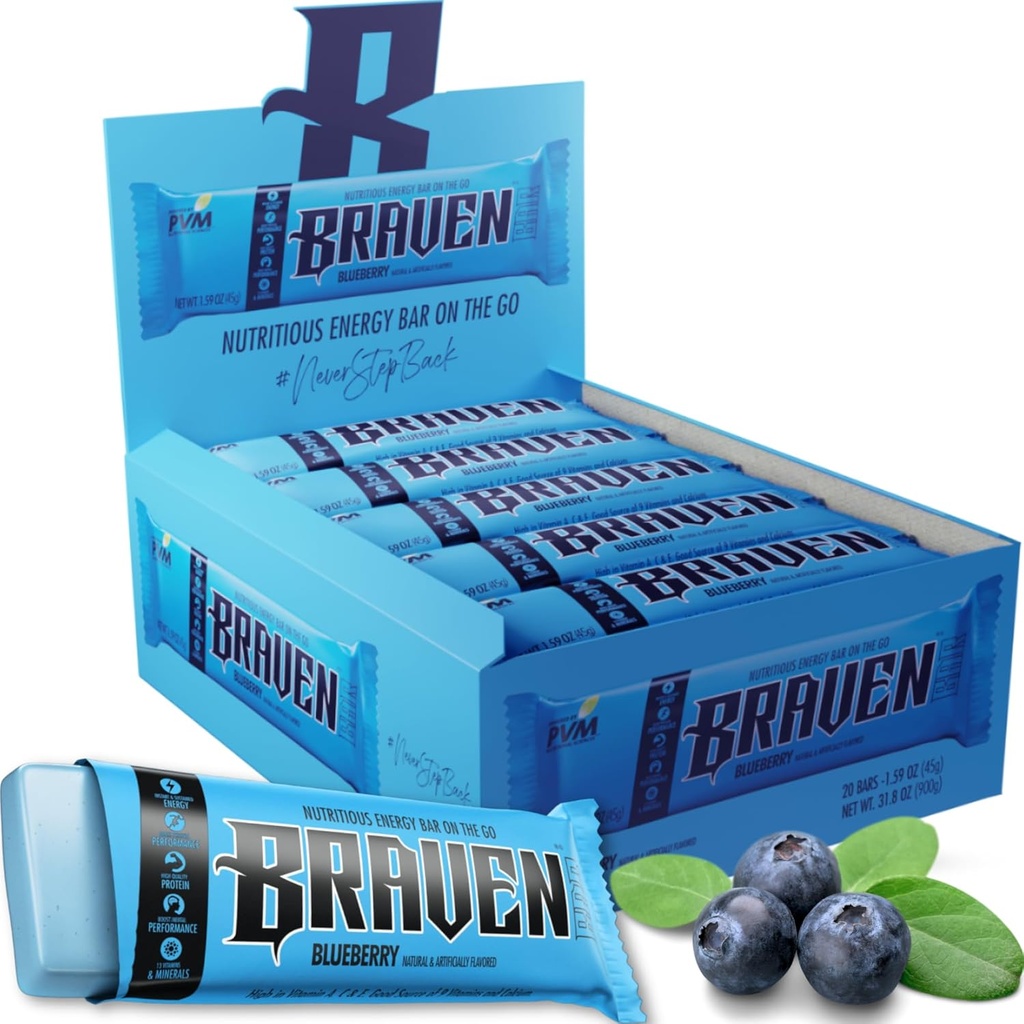 Braven Bar Blueberry Energy Bars (1.59 oz, Pack of 20) – Energy Chews with 5g 蛋白质 – On-the-Go Energy Snacks for running, Hiking, and Sports - Gluten Free Snacks for 持久能源促进