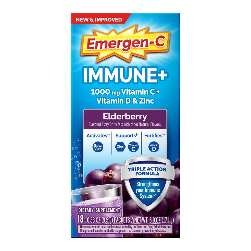 Emergen-C Imune + 三方行动Imune支持粉,BetaVia(R),1000mg 维生素C,B维生素,维生素D和抗氧化剂,长老莓,返校基本知识 – 18 Counter