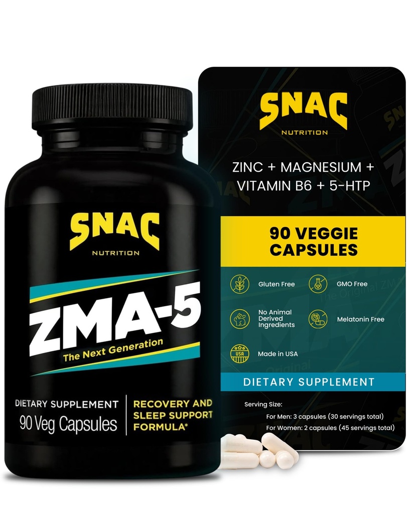 SNAC ZMA-5 睡眠援助补编,促进肌肉恢复和生长,免疫支持,和与锌,镁和5-HTP的恢复性睡眠,工作后,Bed ZMA 补充90 Veggie Capsules
