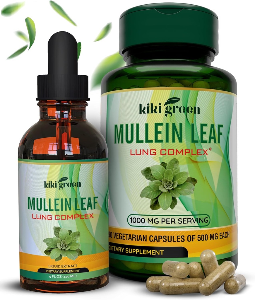 KIKI Green Mullein Capsules & Liquid Drops Bundle - Mullein 叶片提取补充,90 Capsules + 2 fl oz - 用于呼吸和豁免支持,更好的肺功能,肺清洁和救济