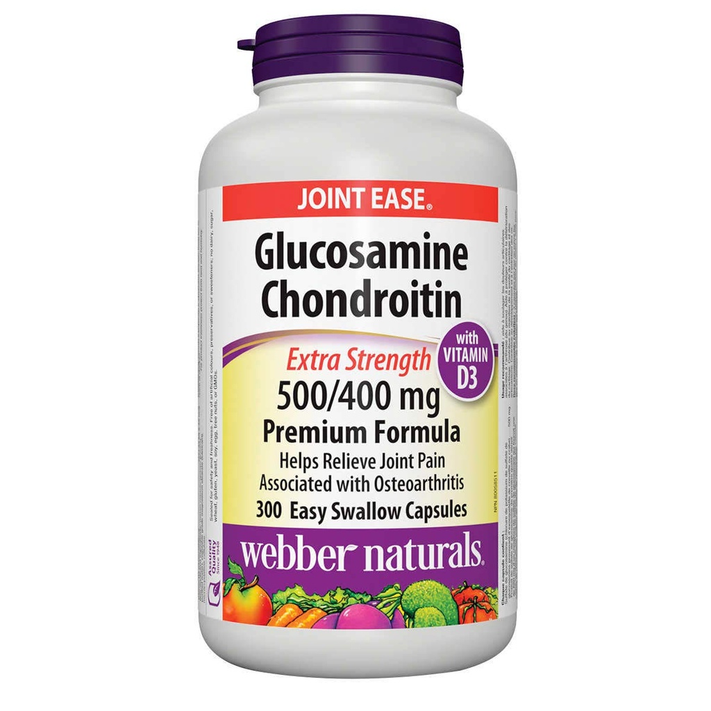 Webber Naturals Glucosamine Chondroitin 含有维生素D3,额外强度,500/400毫克,Premium Formula,300 轻松的吞胶囊