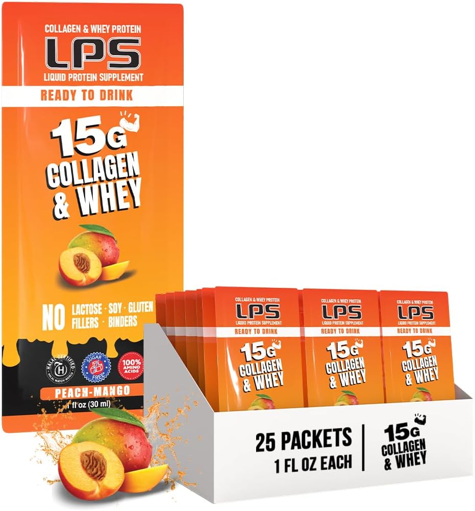 LPS 液态Colagen & Whey蛋白补充剂 - 非GMO饮料,无糖 - 促进男女健康皮肤和头发,桃芒果,单服务(25包)