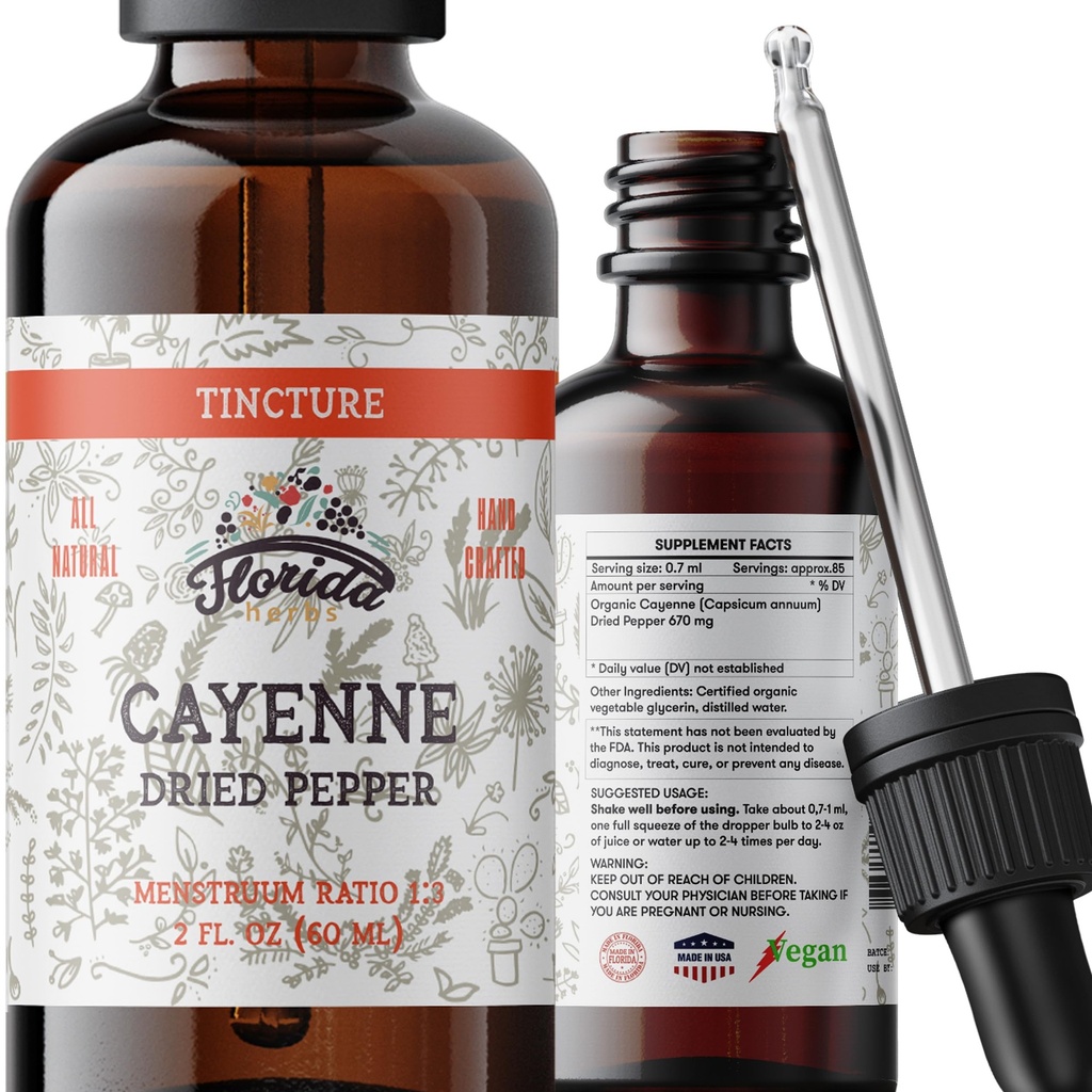 Cayenne Tincture 提取剂,有机Cayenne (Capsicum annuum) 干辣椒 - 蔬菜甘油 - 非GMO - 2 oz