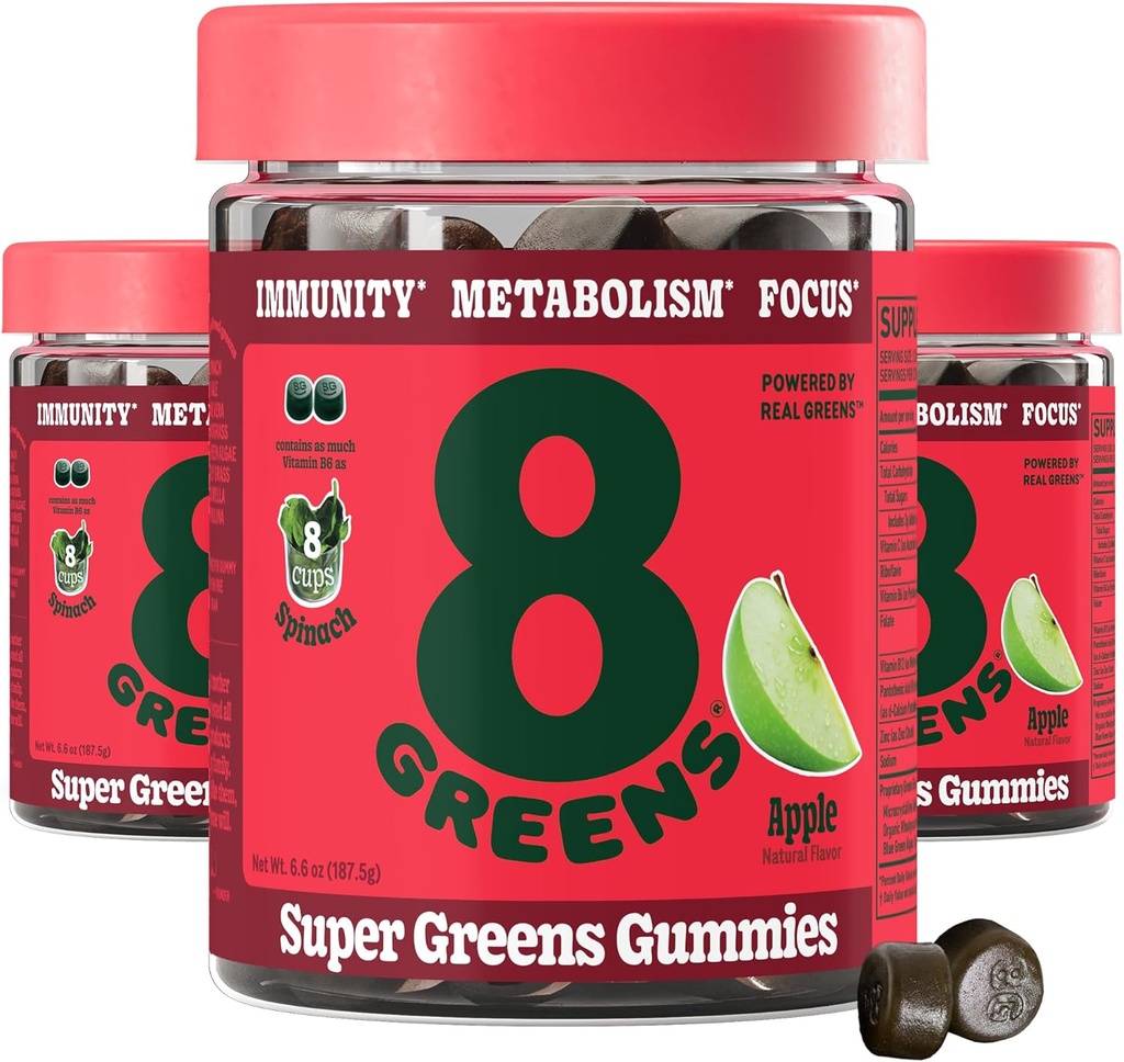 8 Greens SuperGreens Gummys 超级Greens 超级Greens 超级食品 Gummy 用于代谢,豁免和聚焦,消化性健康酶,有机:Chlorella, Spiruina, Aloe Vera, Apple Flavor, 150 Count